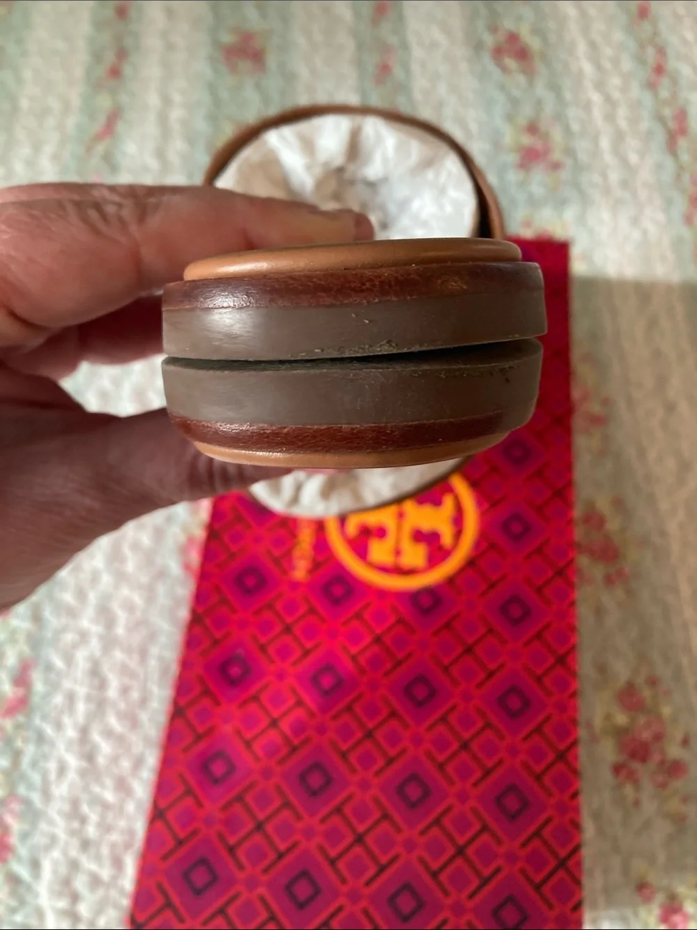 Tory Burch Cognac Leather Slide Sandals with Gold Logo